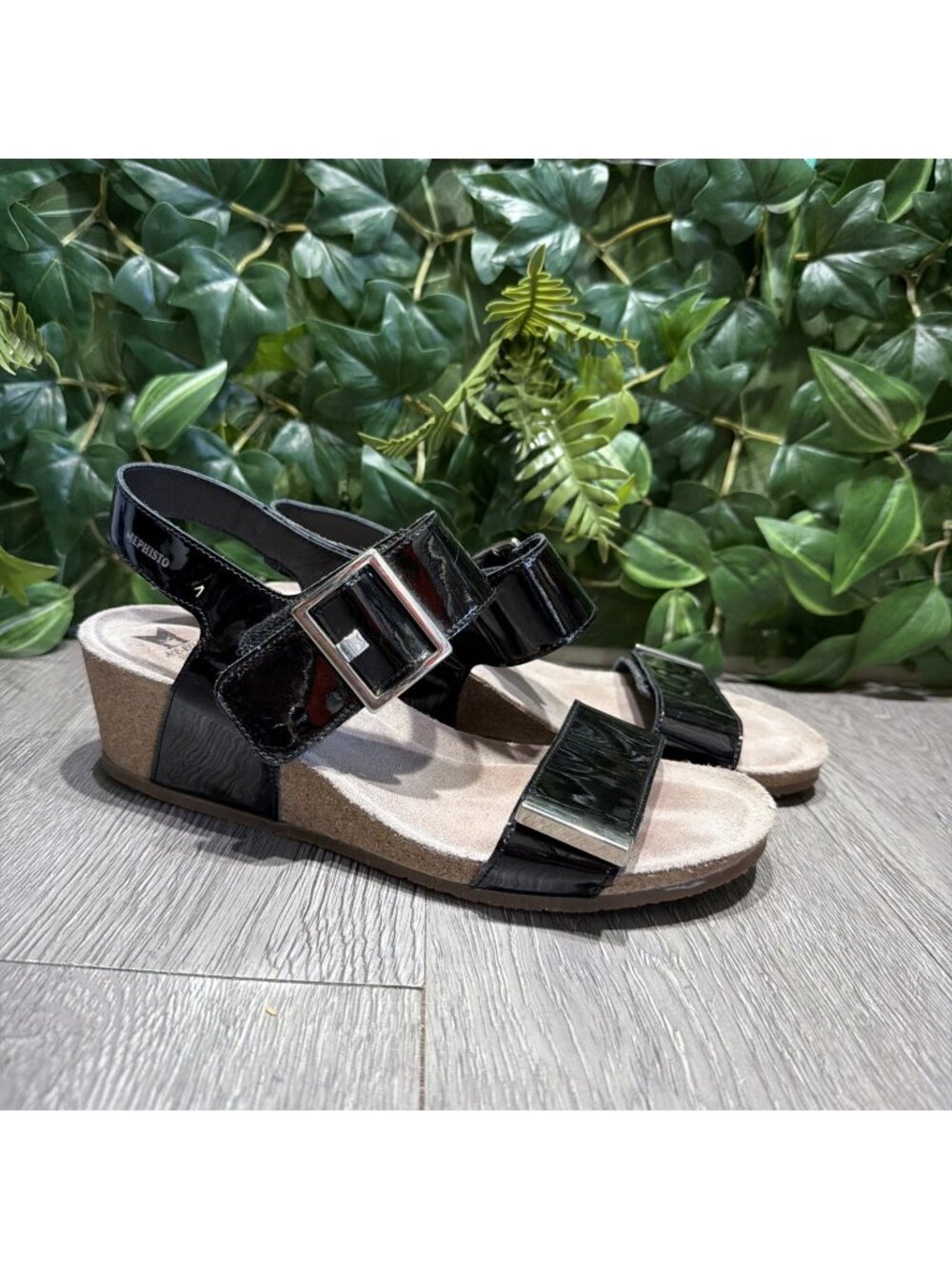 Mephisto Morgana Black Patent Wedge Sandals Comfort Leather EU 39 US 9 S4118